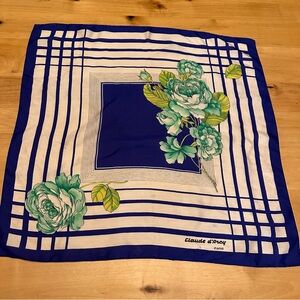 Scarf Floral Green Roses Blue / Purple Border Claude d’Arcy Vintage
